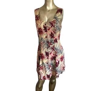 VTG 90s Joni Blair Floral Rayon Mini Dress Lace Up Corset Back Button Front JR 9